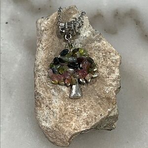 Elbaite Gemstone Silver Tree Pendant Necklace
